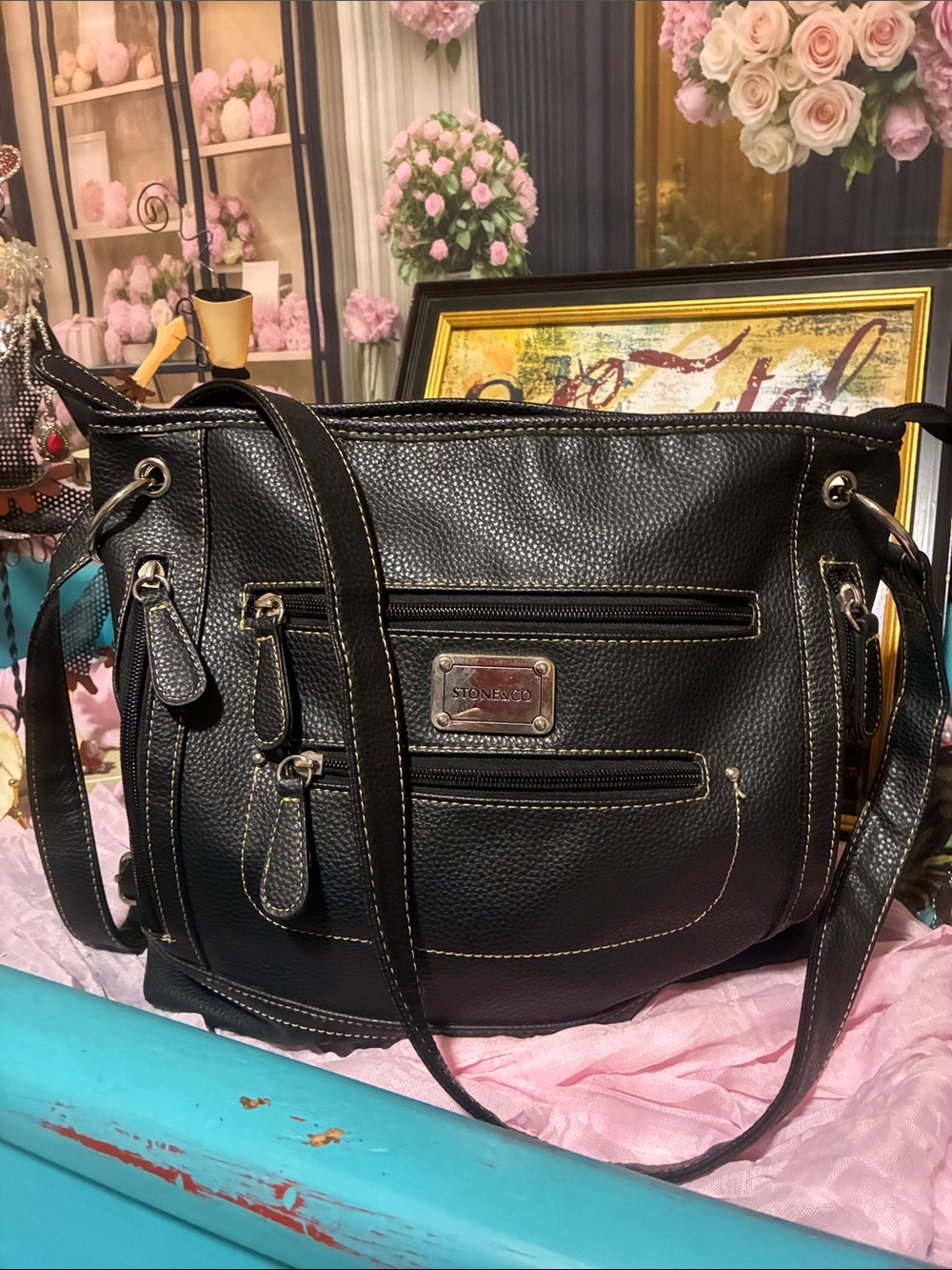 Stone & Co Black Pebble-Textured Faux Leather Shoulder Bag